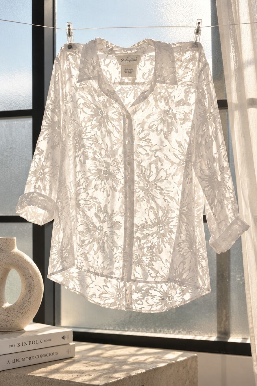 Studio Works Large White Floral Burnout Sheer Button Down Blouse